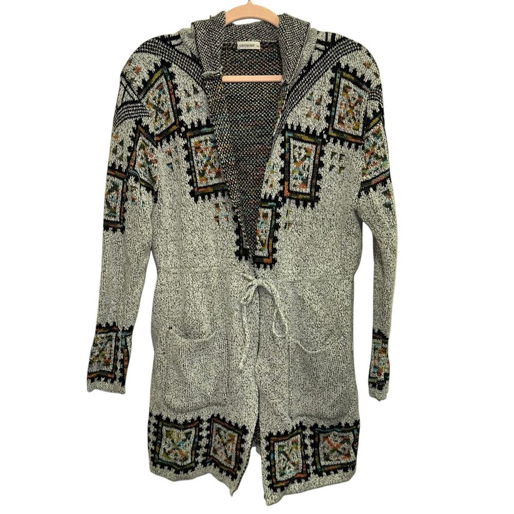 ANDTHEWHY Boho Hooded Cardigan S/M Tribal Print Knit Sweater Open Front Festival